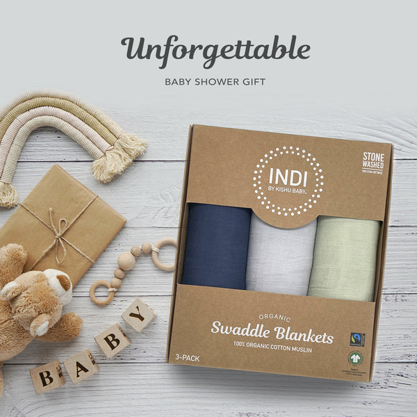 Organic Swaddle Blanket Set (Indi Blue, Cool Gray, Sage)