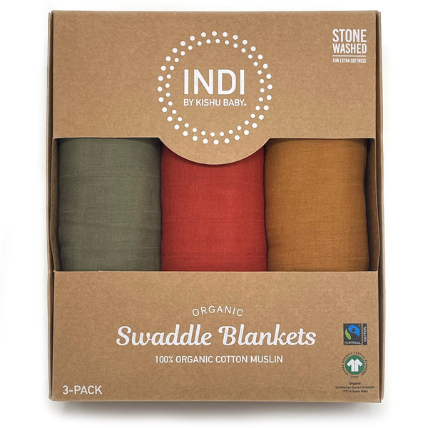 Organic Swaddle Blanket Set (Dark Olive, Rust, Caramel)